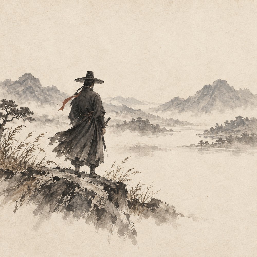 안개 낀 산을 바라보는 검객. 단칼의 메인 그림.